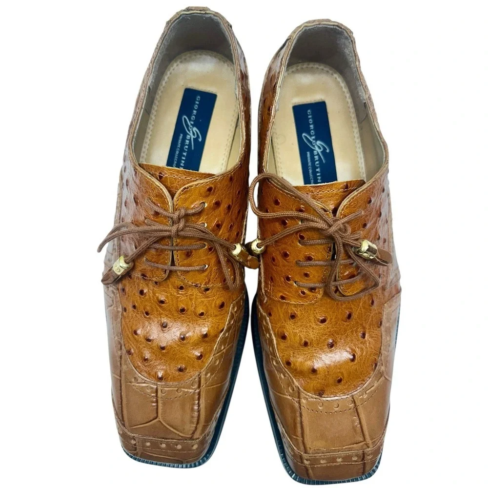 Giorgio Brutini Brown Leather Ostrich/Croc Print Oxfords Size 9.5M 155604‎